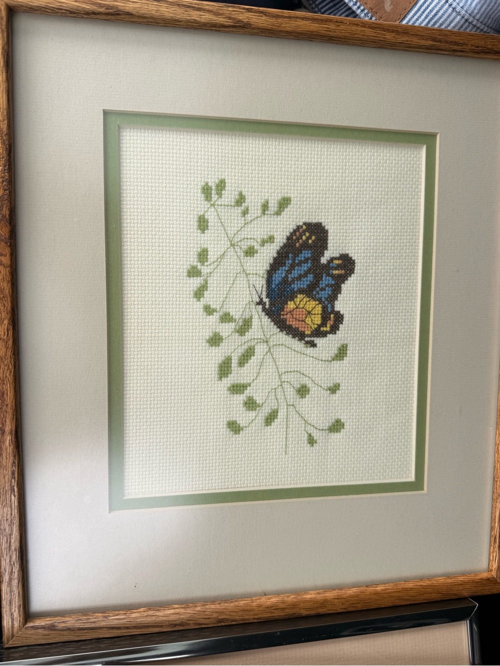 Framed Blue Butterfly Cross-Stitch Wall Art - Green Accent
